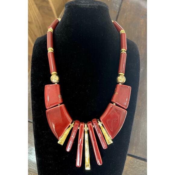 VTG Statement Art Deco Style Ceramic Necklace Red & Gold Beads- Japan 19” - Picture 3 of 4